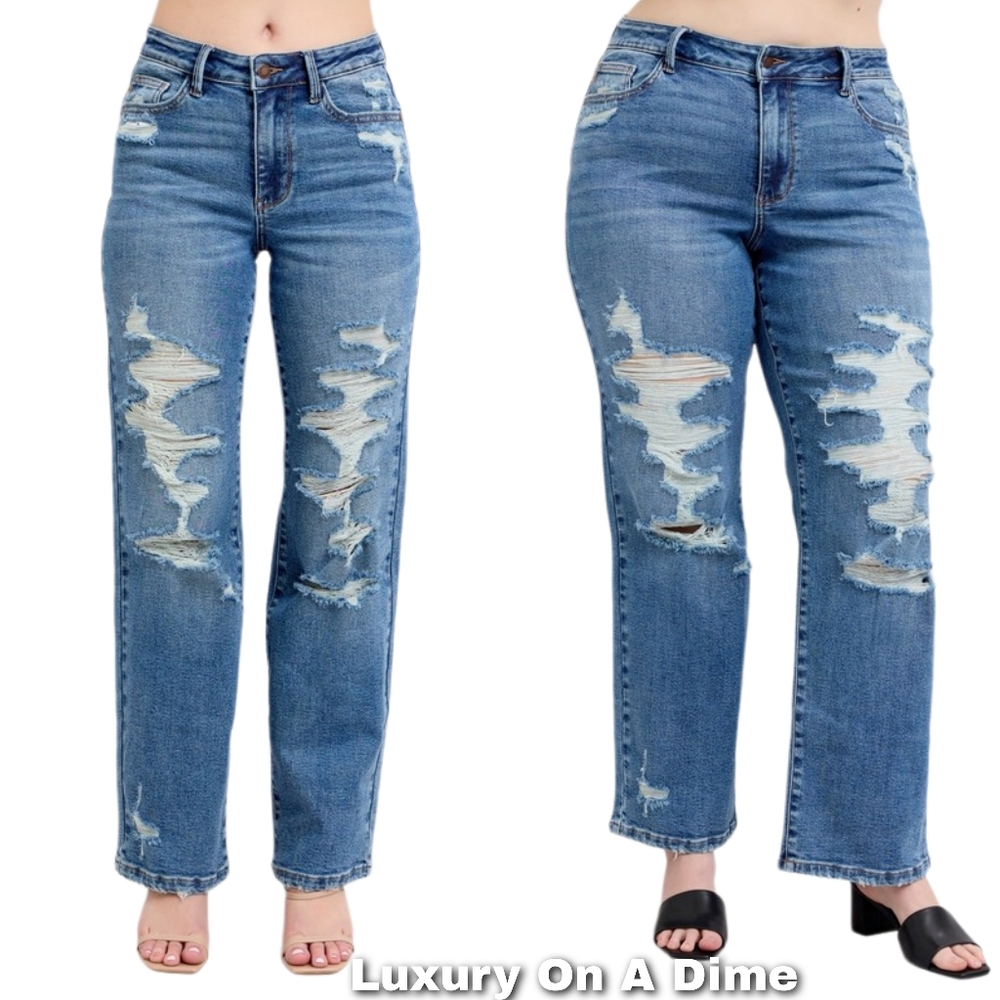 Judy Blue High-Rise Distressed Straight Leg Torn Hole Slim Fit Jeans Denim Pants - Picture 6 of 15